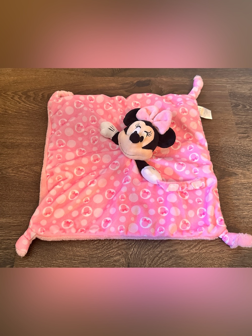 Disney Babies Minnie Mouse Pink Polka Dot Baby Security Blanket knotted corners